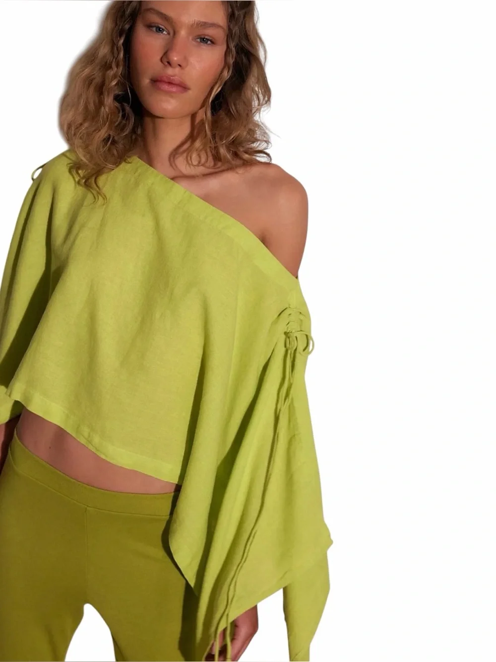 NEW Free People Lime Green Sandshell Linen Coralyn Convertible Cape Top size XS